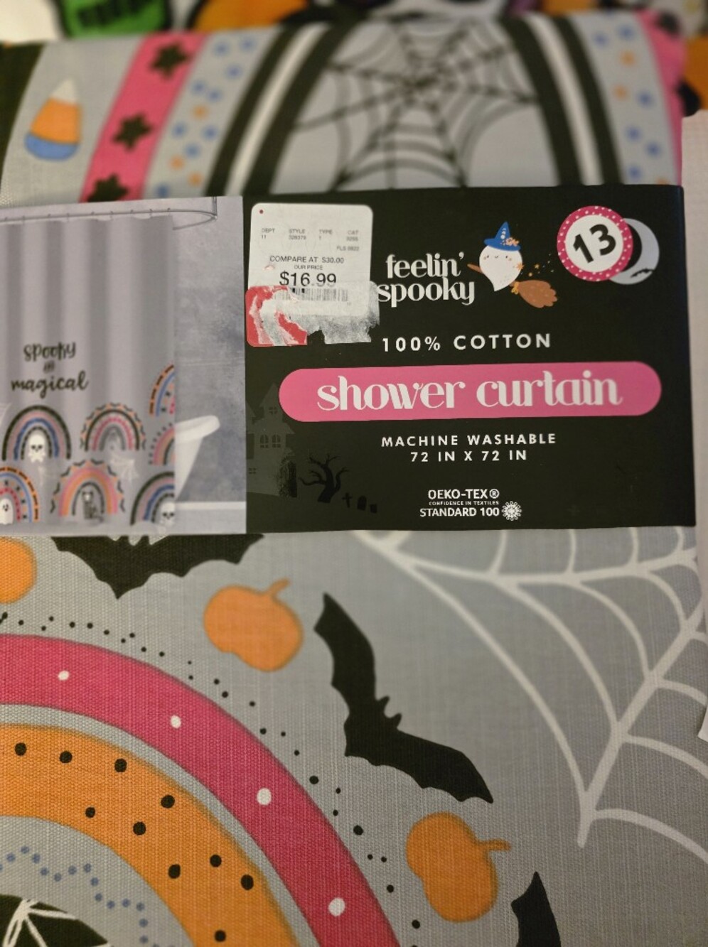 feelin' spooky Pink Cotton Shower Curtain - Halloween Rainbow Motif